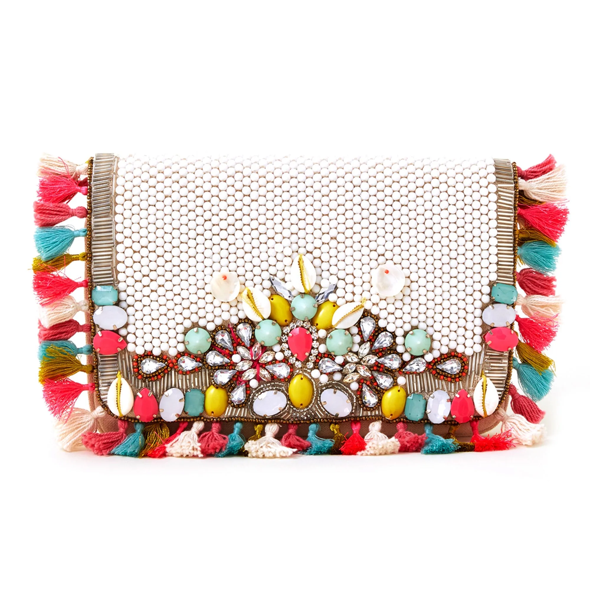 Accessorize London Women's White Tassel Beaded Clutch Bag