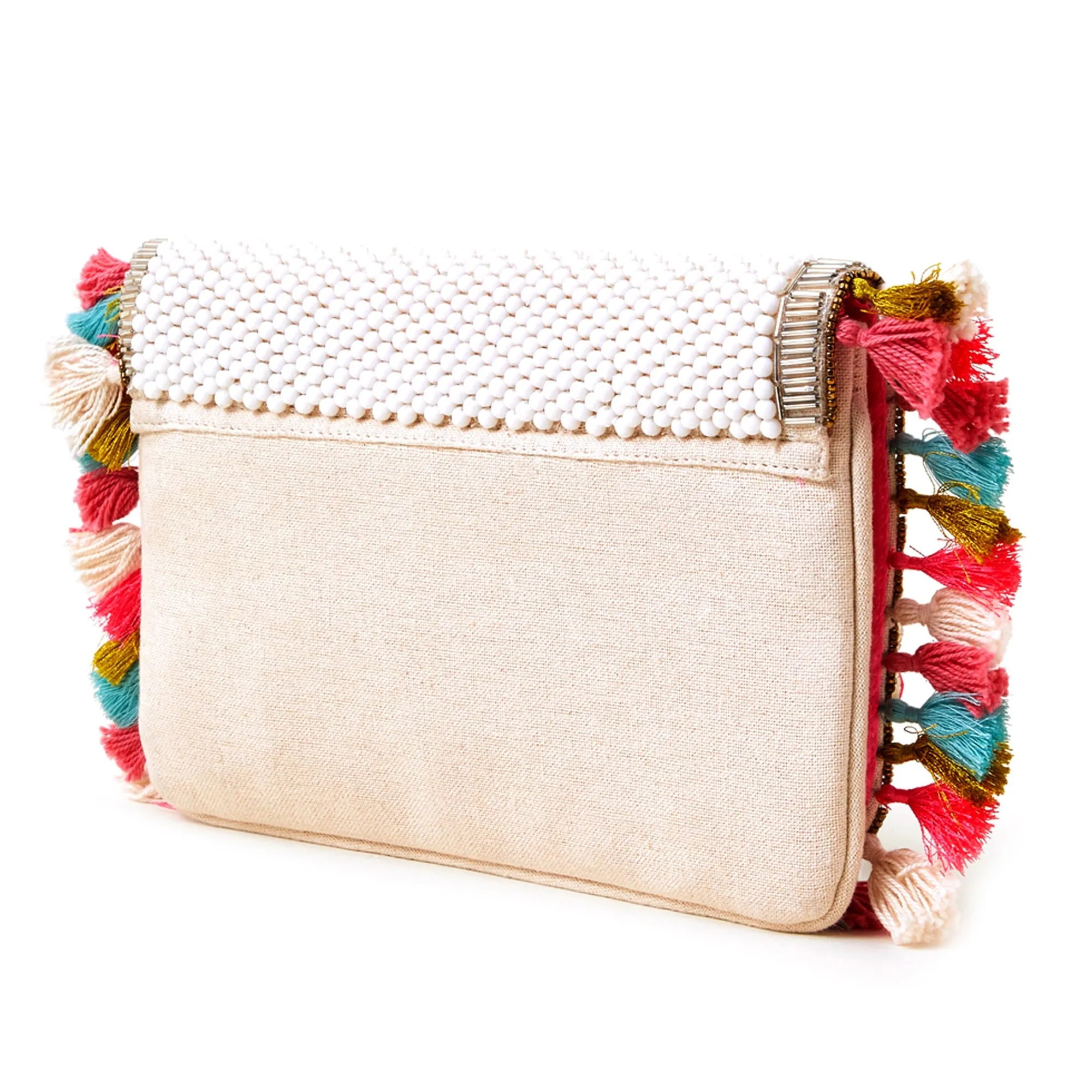 Accessorize London Women's White Tassel Beaded Clutch Bag