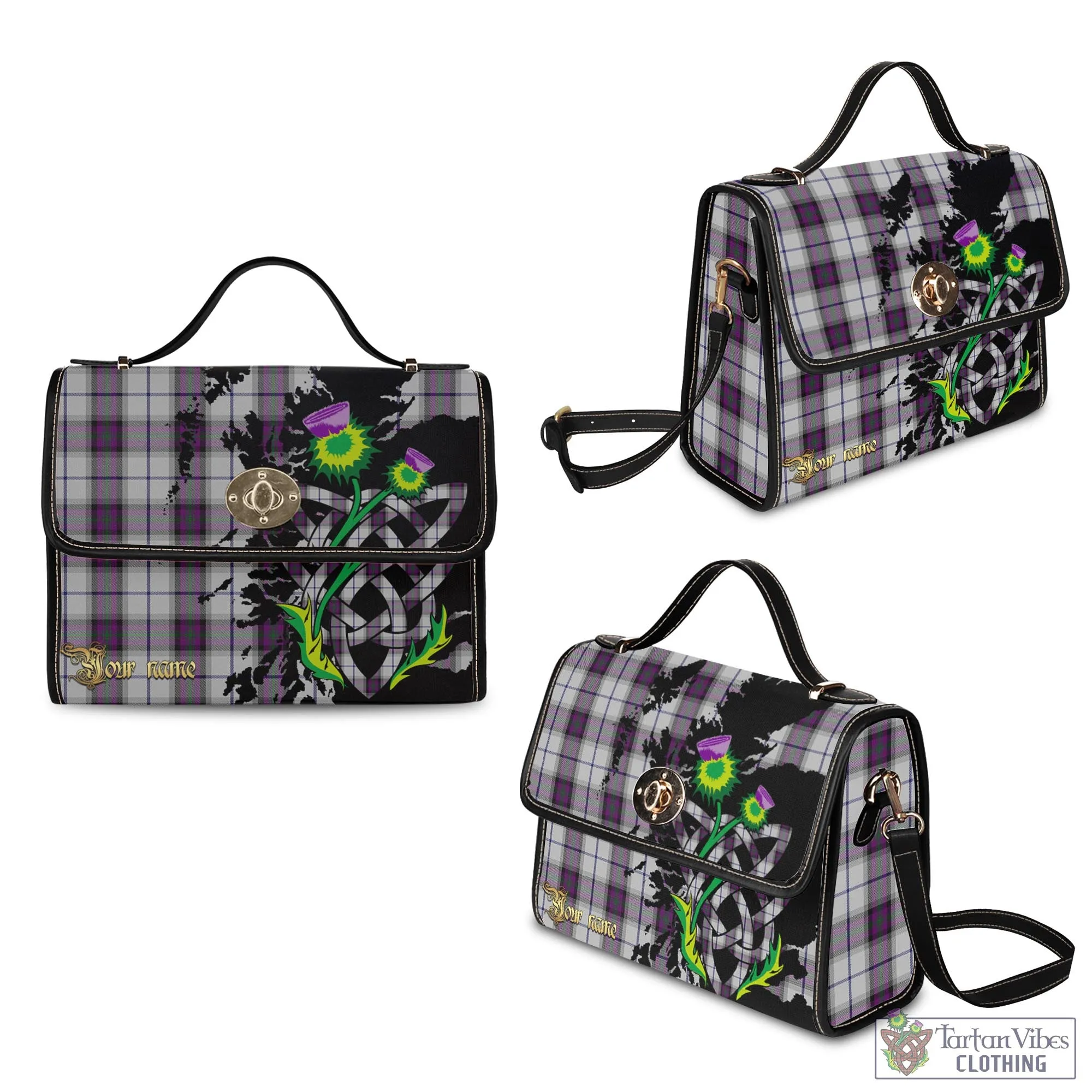 Alexander of Menstry Dress Tartan Waterproof Canvas Bag with Scotland Map and Thistle Celtic Accents