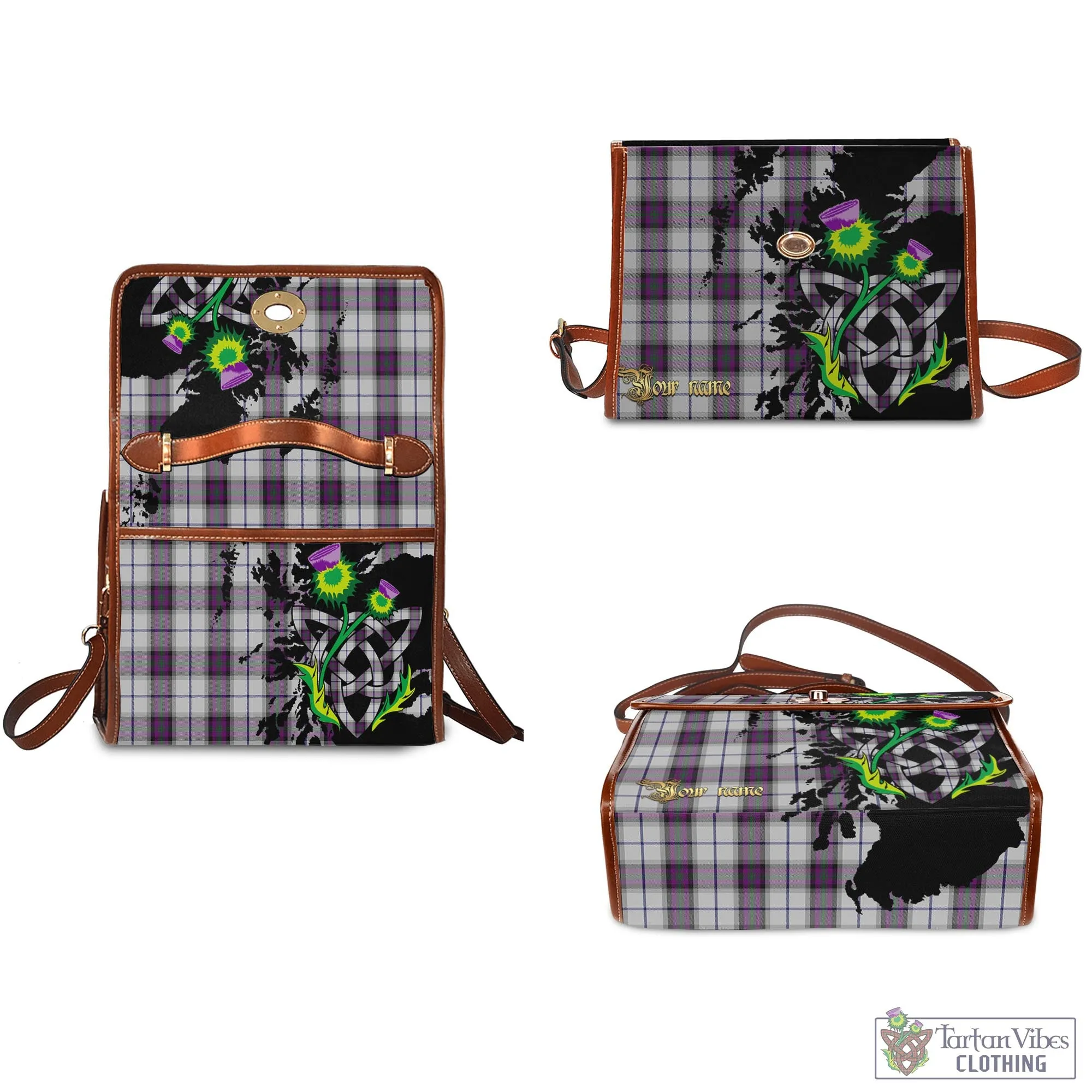 Alexander of Menstry Dress Tartan Waterproof Canvas Bag with Scotland Map and Thistle Celtic Accents