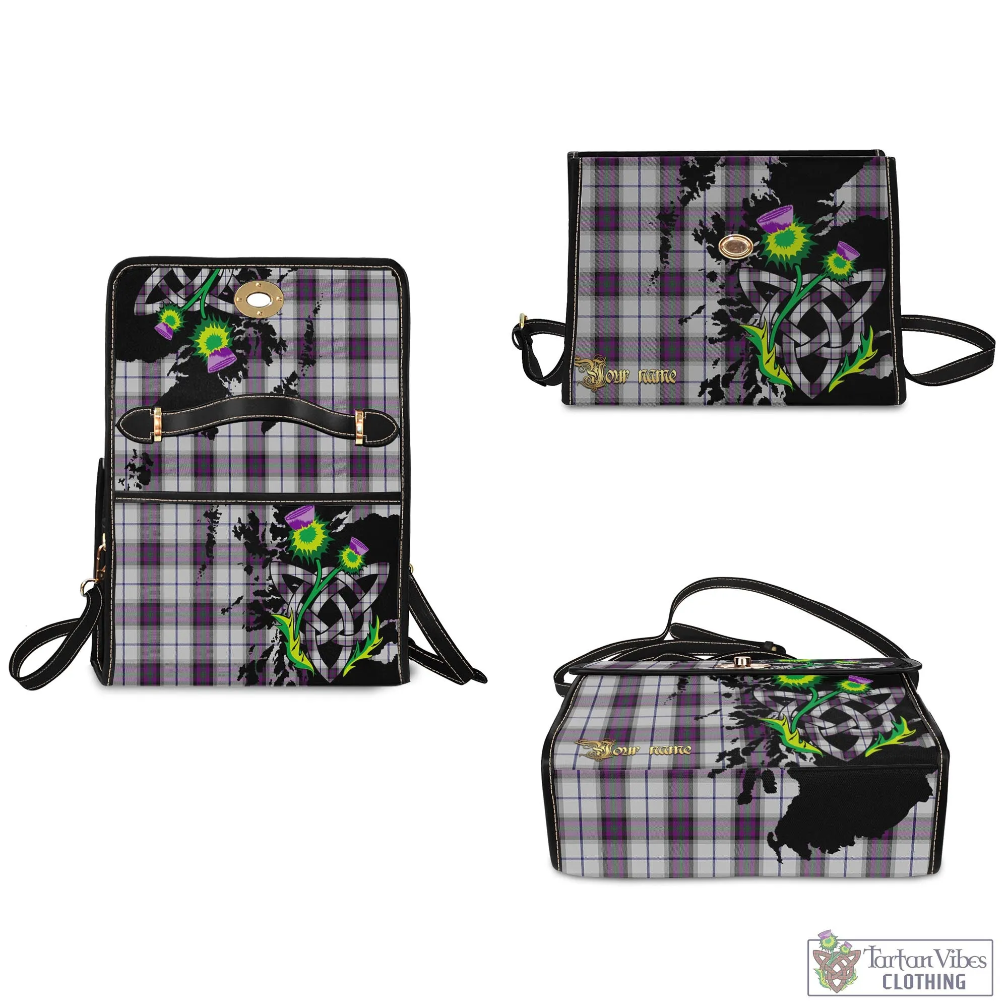 Alexander of Menstry Dress Tartan Waterproof Canvas Bag with Scotland Map and Thistle Celtic Accents