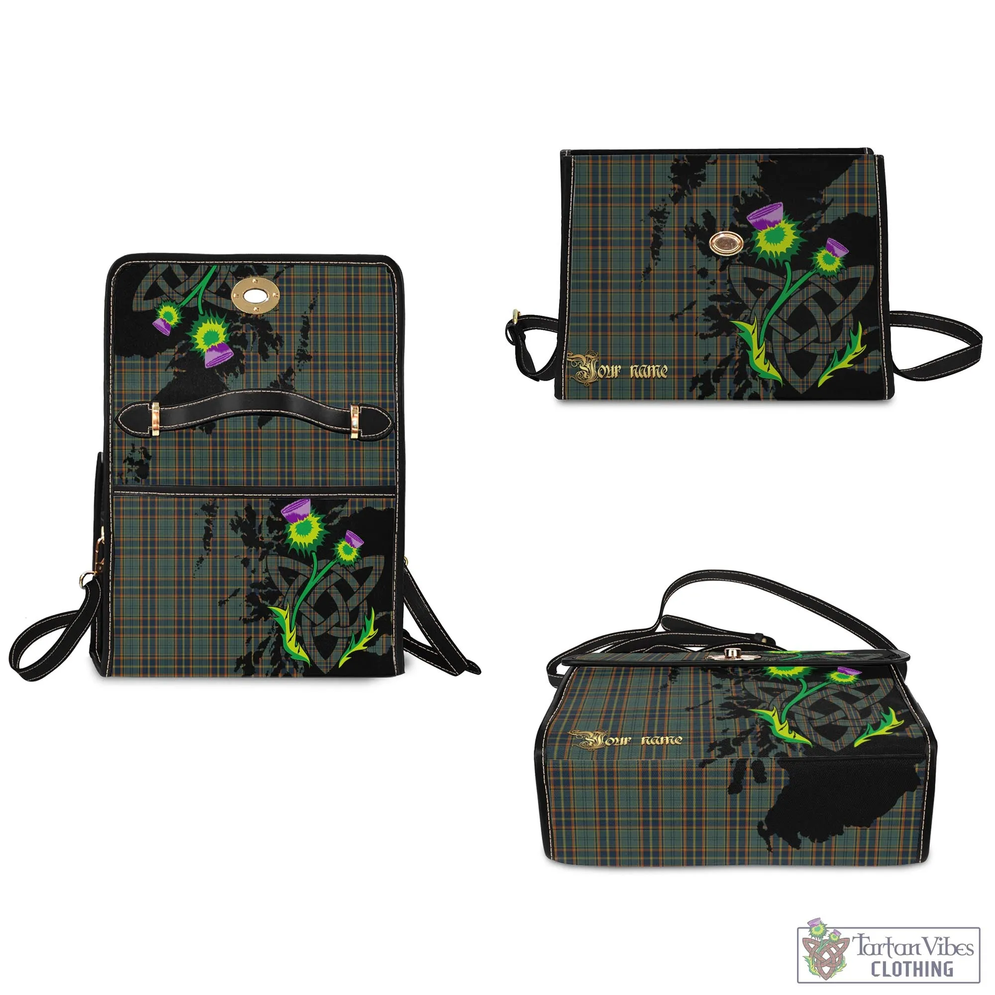 Antrim County Ireland Tartan Waterproof Canvas Bag with Scotland Map and Thistle Celtic Accents