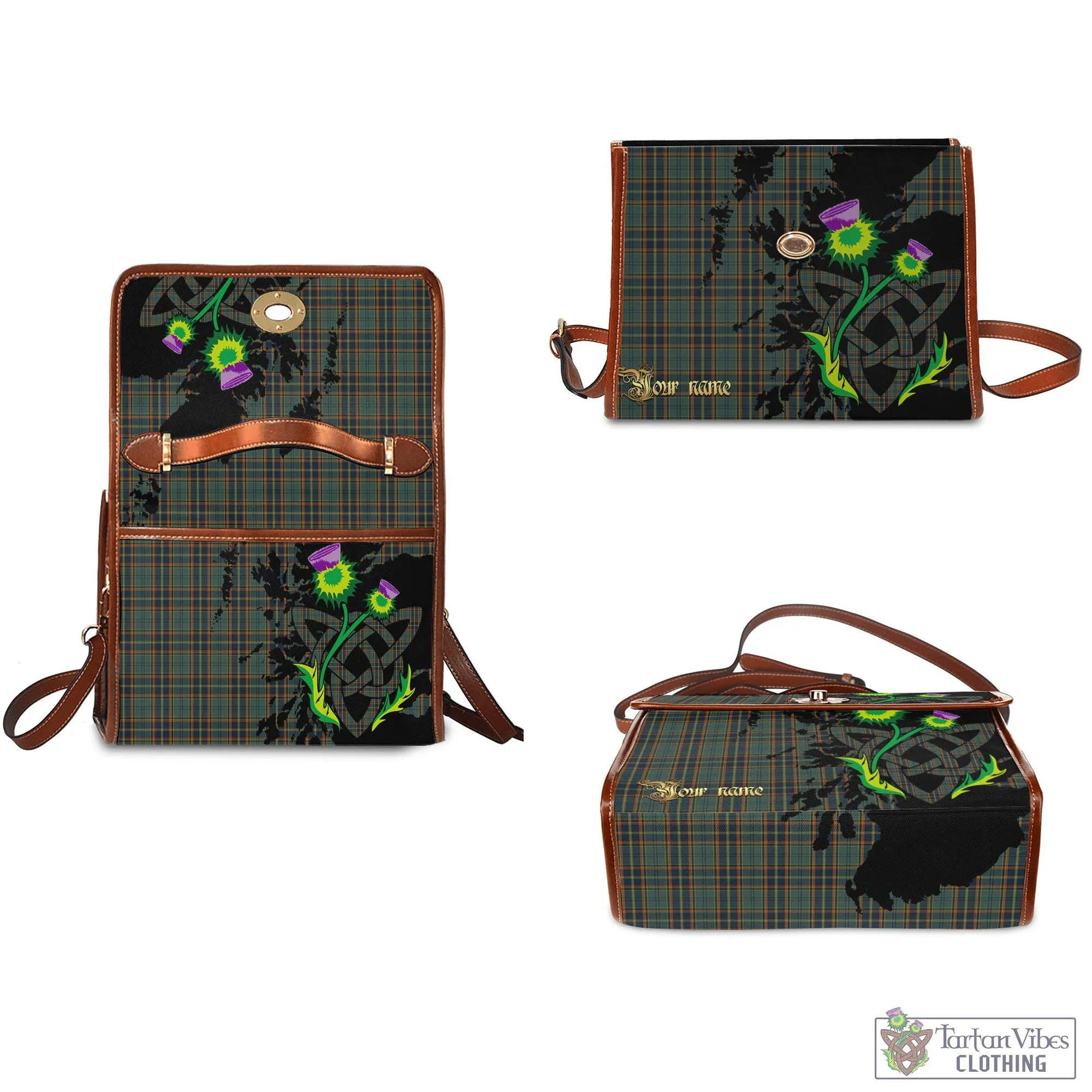 Antrim County Ireland Tartan Waterproof Canvas Bag with Scotland Map and Thistle Celtic Accents