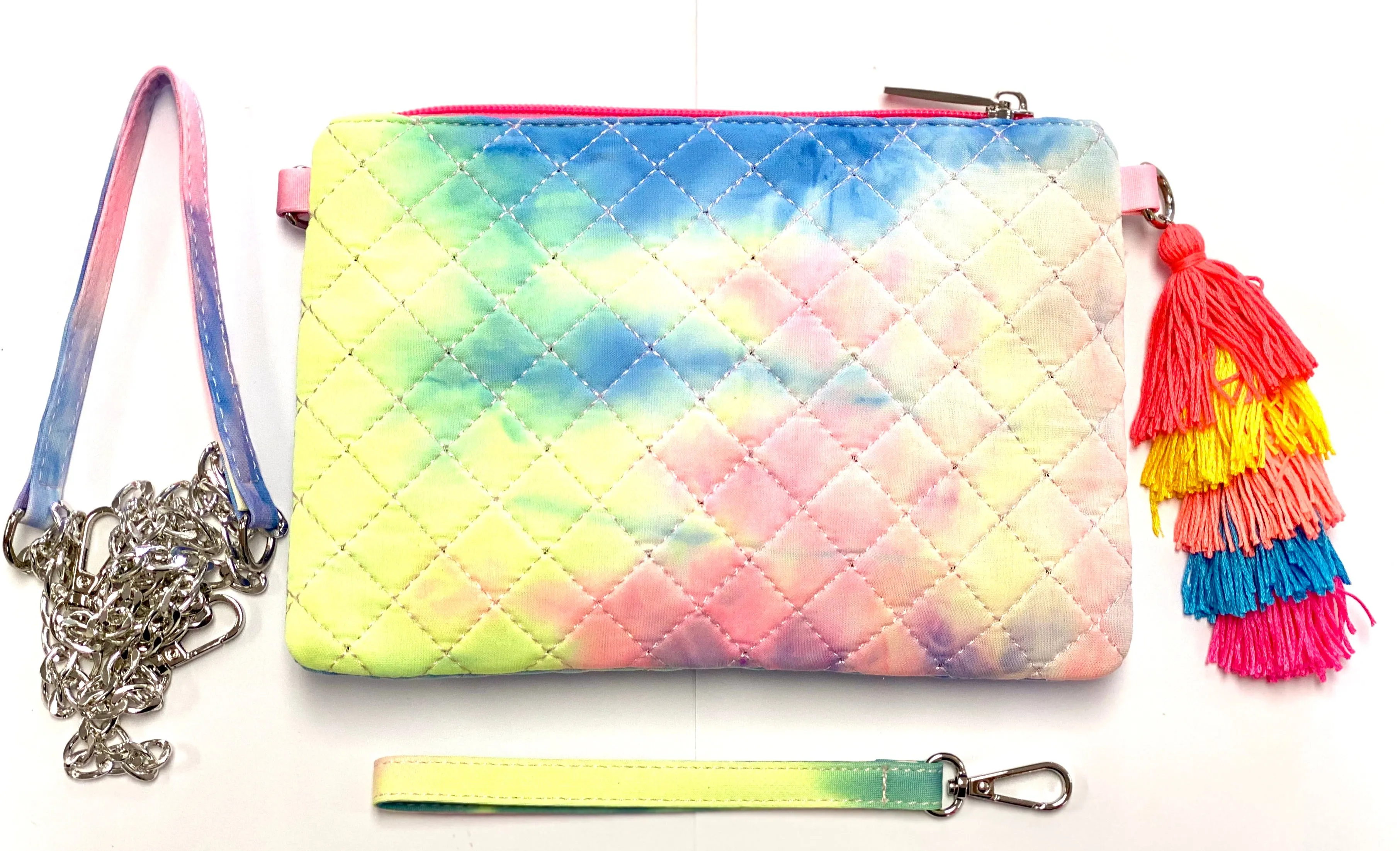 Bari Lynn Rainbow Quilted Crossbody/Clutch with Tassel - Neon Tie Dye