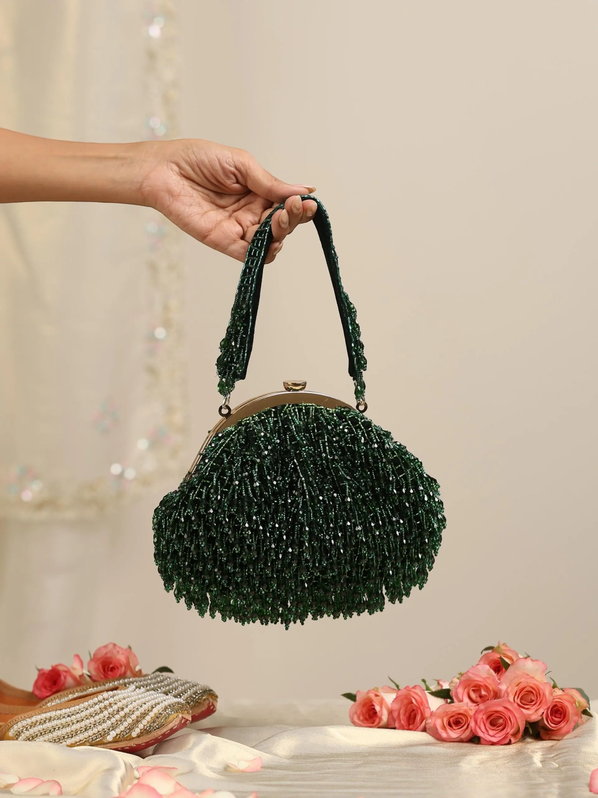 Beaded Emerald Green Clutch Bag