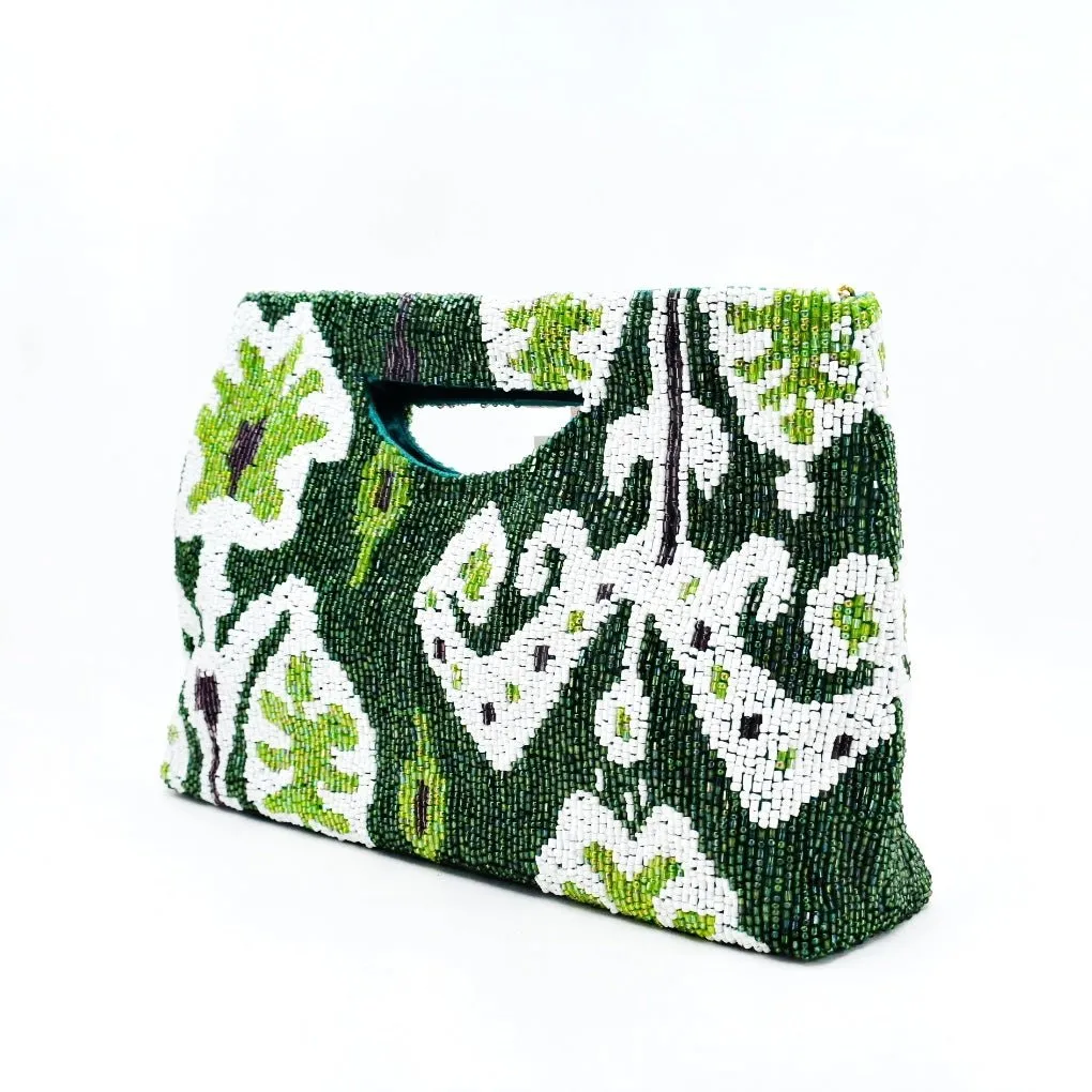 Beaded Statement Clutch, Vivid Green Ikat, Bespoke Design