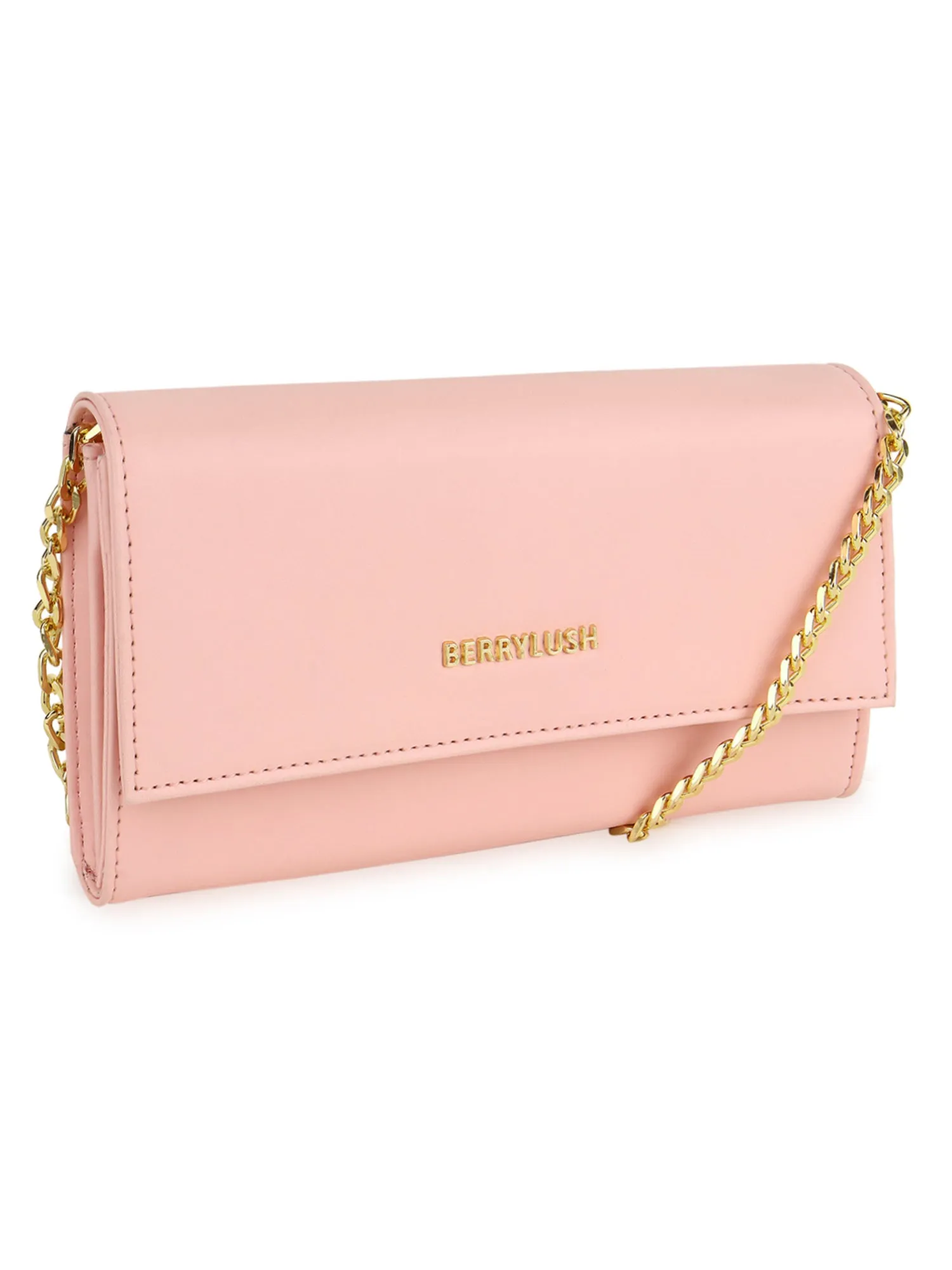 Berrylush Women Solid Pink PU Tassel Detail Chain Sling Strap Clutch