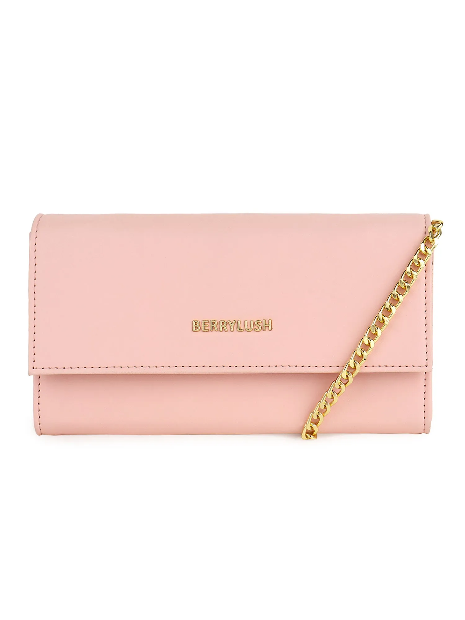 Berrylush Women Solid Pink PU Tassel Detail Chain Sling Strap Clutch