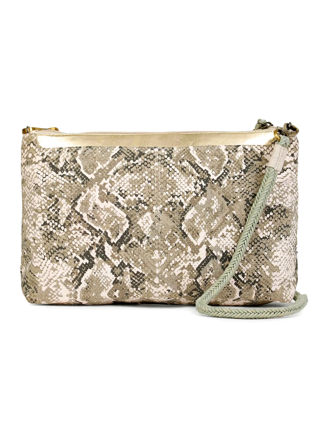 Berrylush Women White & Golden Snake Printed Canvas Detachable Sling Strap Small Clutch/Sling Bag