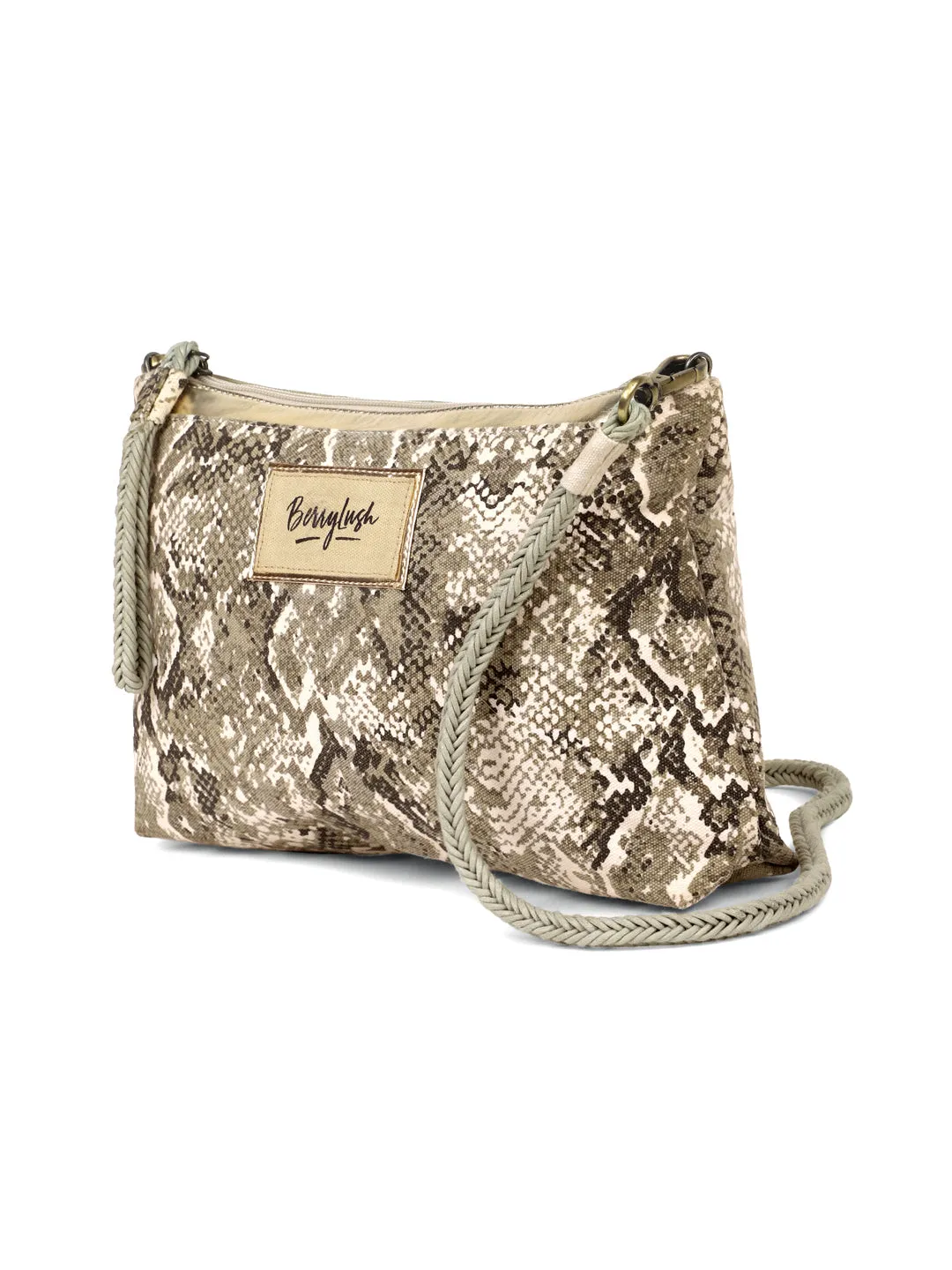 Berrylush Women White & Golden Snake Printed Canvas Detachable Sling Strap Small Clutch/Sling Bag