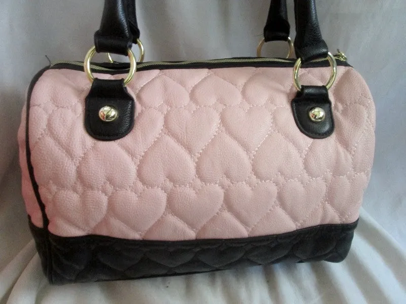 BETSEY JOHNSON Quilted Vegan Satchel Bowler Bag Heart Duffle PINK BLACK Hipster