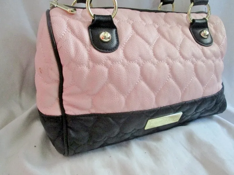 BETSEY JOHNSON Quilted Vegan Satchel Bowler Bag Heart Duffle PINK BLACK Hipster