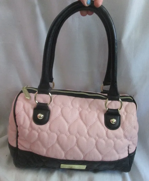 BETSEY JOHNSON Quilted Vegan Satchel Bowler Bag Heart Duffle PINK BLACK Hipster