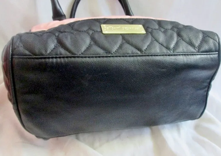 BETSEY JOHNSON Quilted Vegan Satchel Bowler Bag Heart Duffle PINK BLACK Hipster