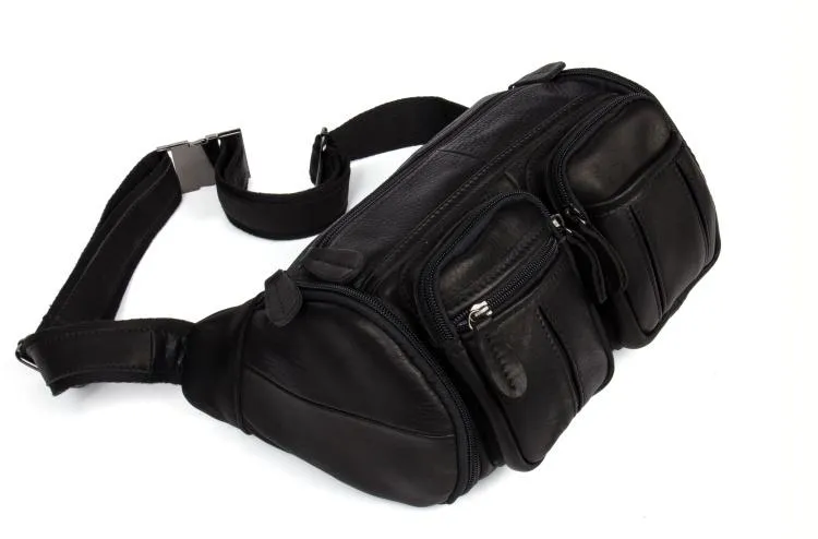 Black Leather Mens Fanny Pack Waist Bag Hip Pack Belt Bag Bumbag for Men