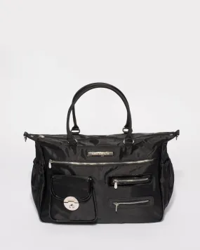 Black Nylon Pocket and Zip Baby Bag With Silver Hardware