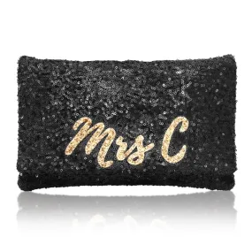 Black sequin personalised MRS initial clutch