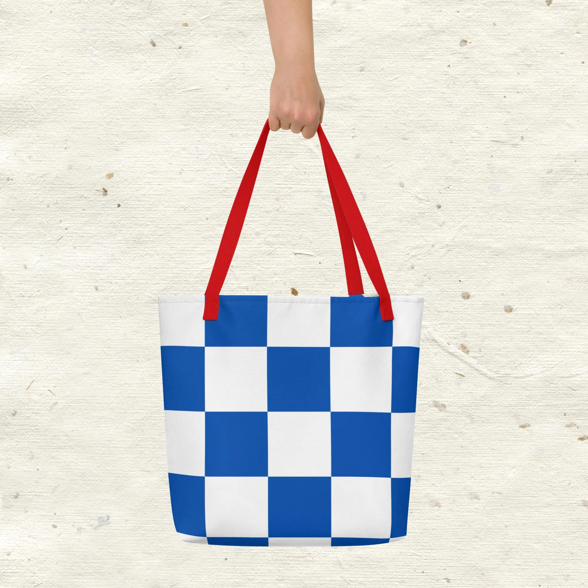 Blue and White Checkered All-Over Print Large Tote Bag