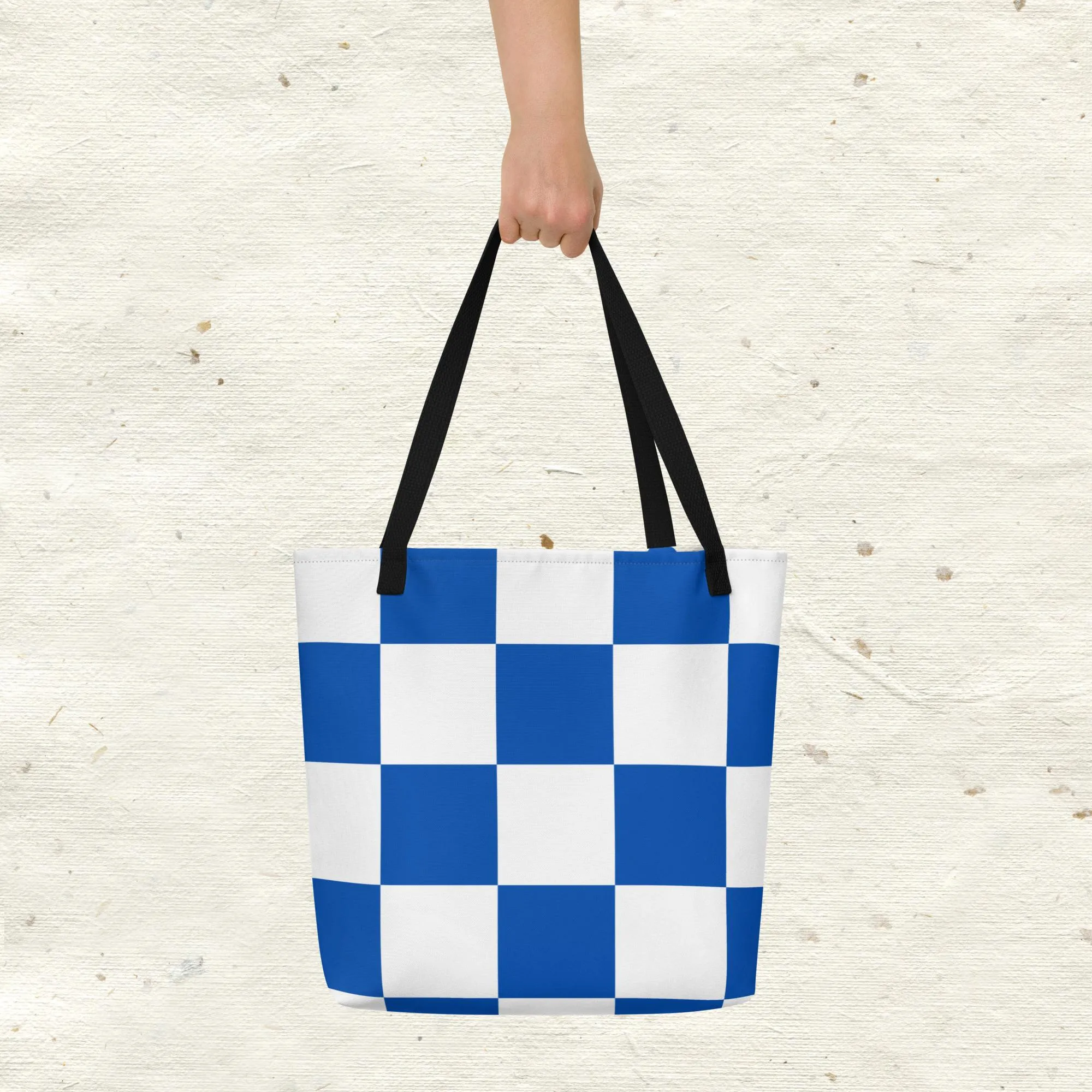 Blue and White Checkered All-Over Print Large Tote Bag