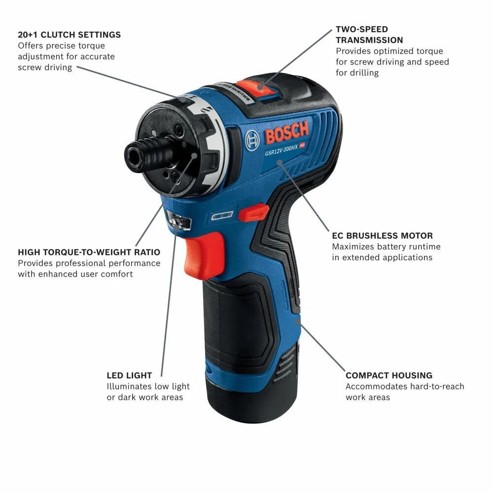 Bosch GSR12V-300HXB22 12V Max Brushless 1/4 In. Hex Two-Speed Screwdriver Kit with (2) 2.0 Ah Batteries