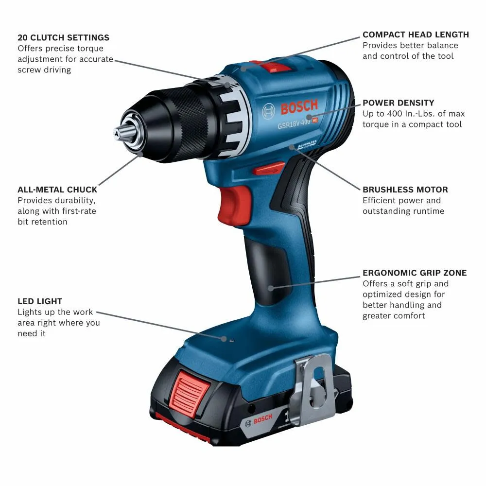 Bosch GSR18V-400B12 18V Compact Brushless 1/2" Drill/Driver Kit with (1) 2.0 Ah SlimPack Battery