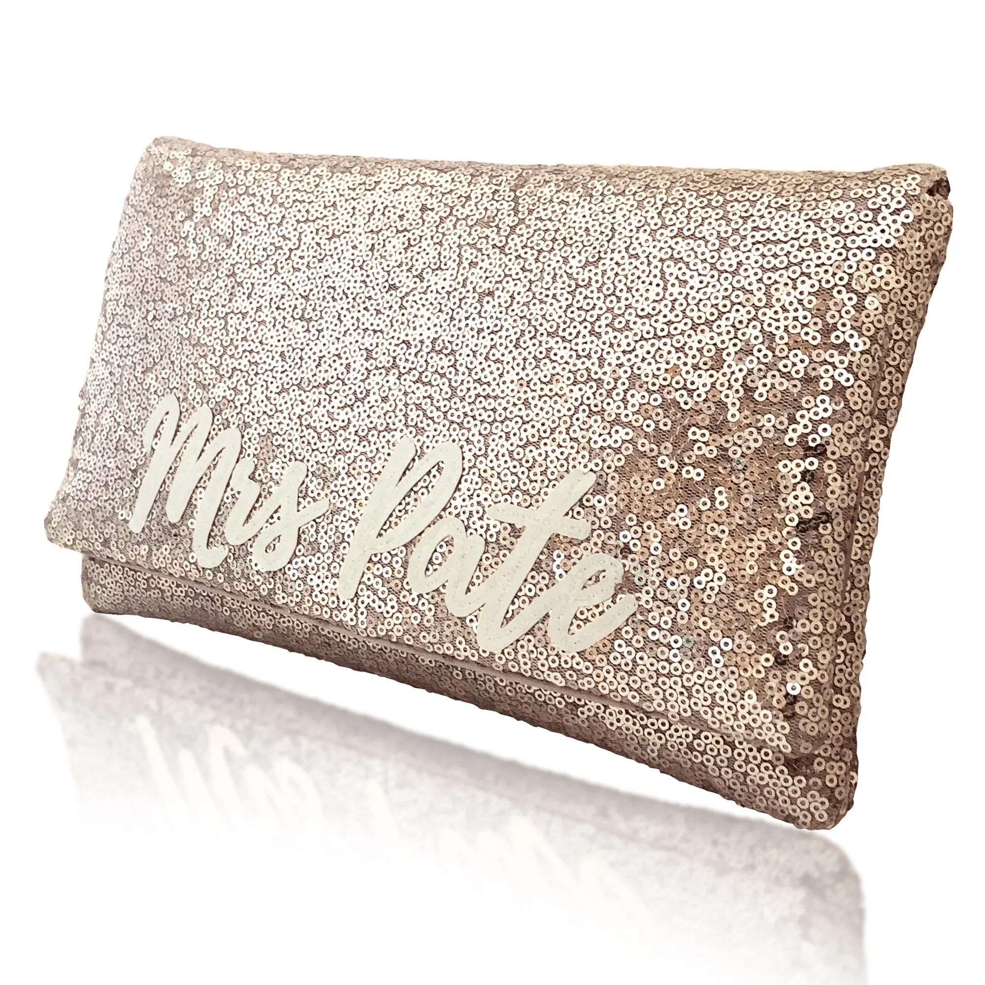 Champagne sequin personalised MRS surname clutch