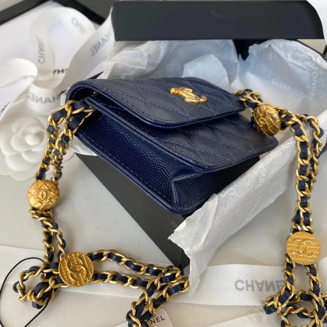 CHL Clutch With Chain Gold Hardware Grained Shinny Navy Blue For Women, Women&#8217;s Handbags, Shoulder Bags 4.7in/12cm AP2857