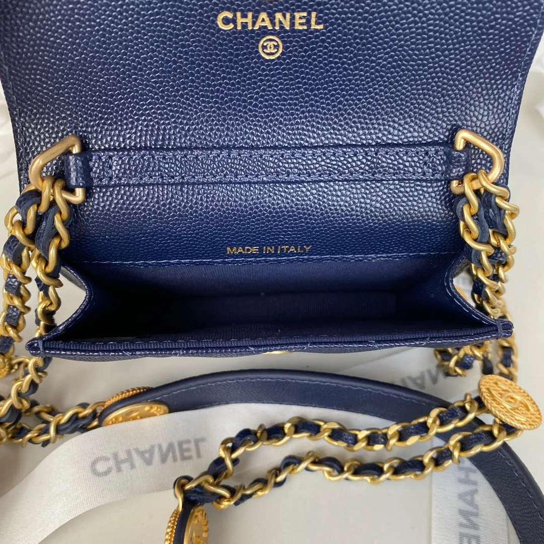 CHL Clutch With Chain Gold Hardware Grained Shinny Navy Blue For Women, Women&#8217;s Handbags, Shoulder Bags 4.7in/12cm AP2857