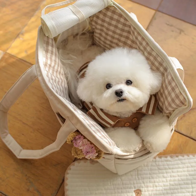 Cotton Adventures Pet Carrier Purse Hand Messenger Light Milky Beige in Size Small 14” x 7” x 17” / Medium 16” x 7” x 12”