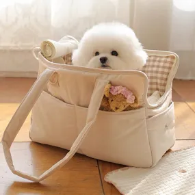 Cotton Adventures Pet Carrier Purse Hand Messenger Light Milky Beige in Size Small 14” x 7” x 17” / Medium 16” x 7” x 12”