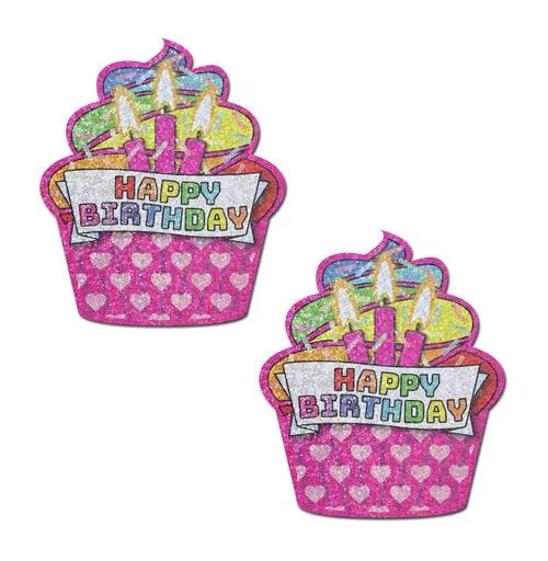 Cupcake: Pink & Multi-Color Glitter Happy Birthday Nipple Pasties