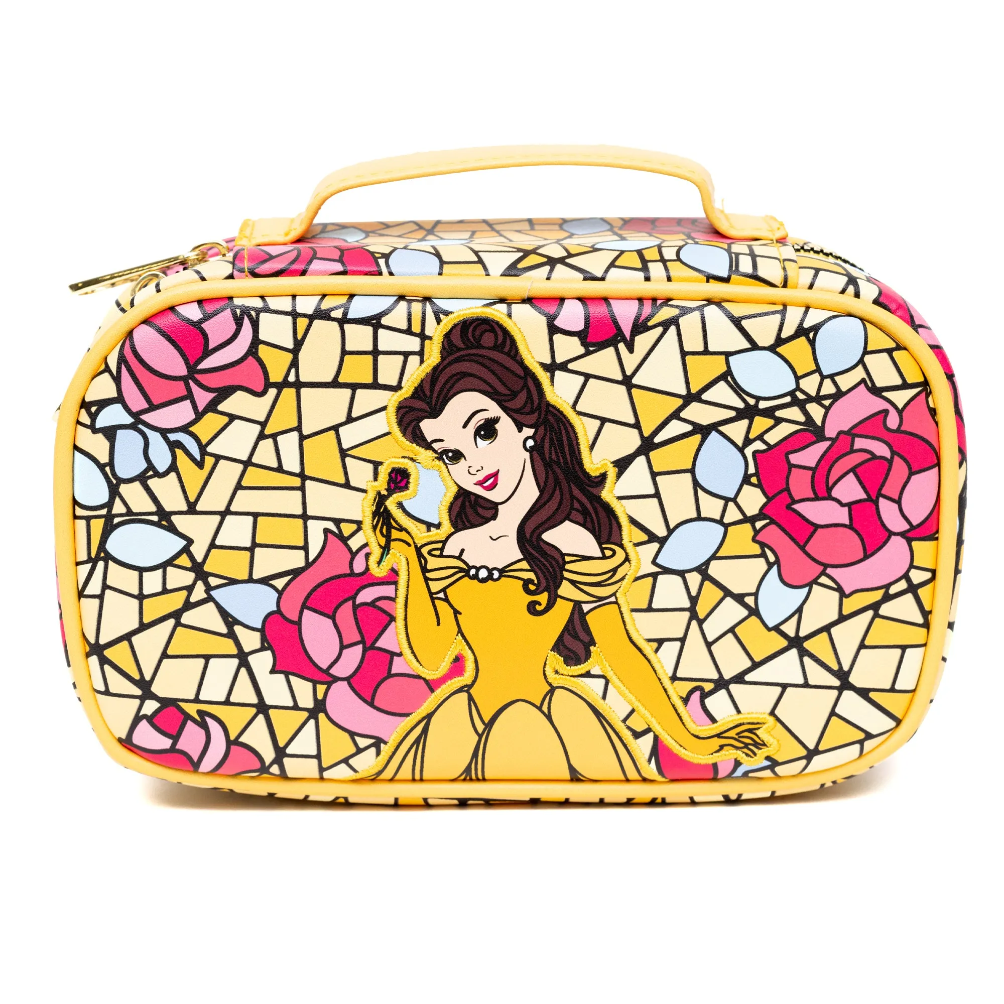 Disney Vegan Leather Travel Cosmetic Bag, Make-Up Bag for Women, Beauty and the Beast Belle Rose Pose Applique Stained Glass Print, Vegan Leather