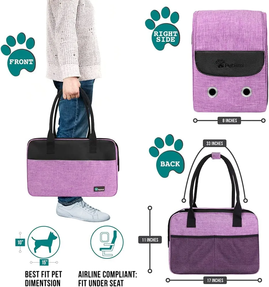 Dog Purse Carrier for Small Dogs, Airline Approved Soft Sided Pet Carrier with Pockets, Ventilated Dog Carrying Bag Puppy Cat, Dog Travel Supplies Accessories Carry Tote Bag, Sherpa Bed, Purple