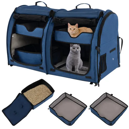 Double Compartment Pet Carrier with 2 Removable Hammocks-Navy