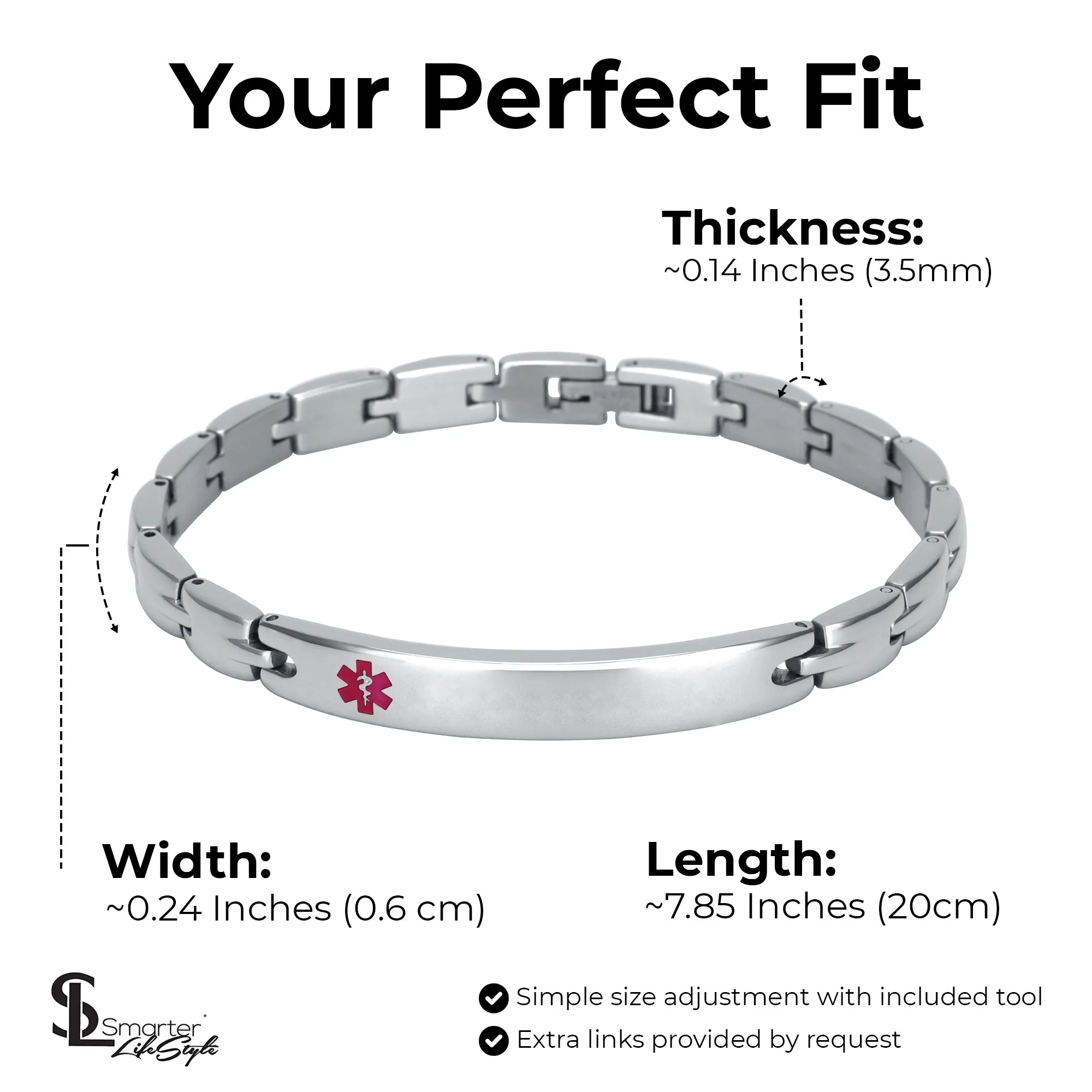 Elegant Surgical Grade Steel Medical Alert ID Bracelet For Men and Women (Women's, {Blank / Empty} No Message)