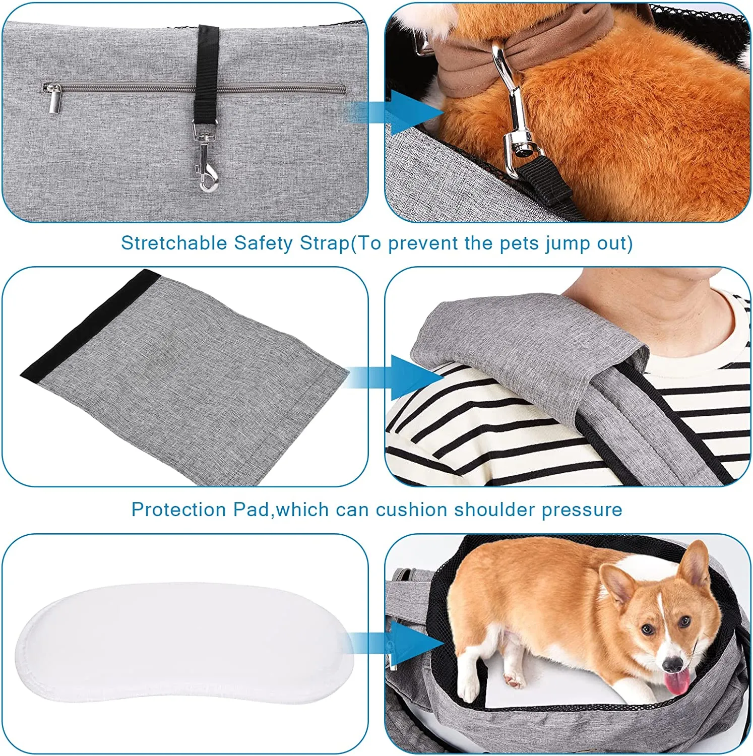 EXTRA LARGE Pet Sling Carrier - Hands-Free Dog Bag With Adjustable Strap And Pocket - Grey