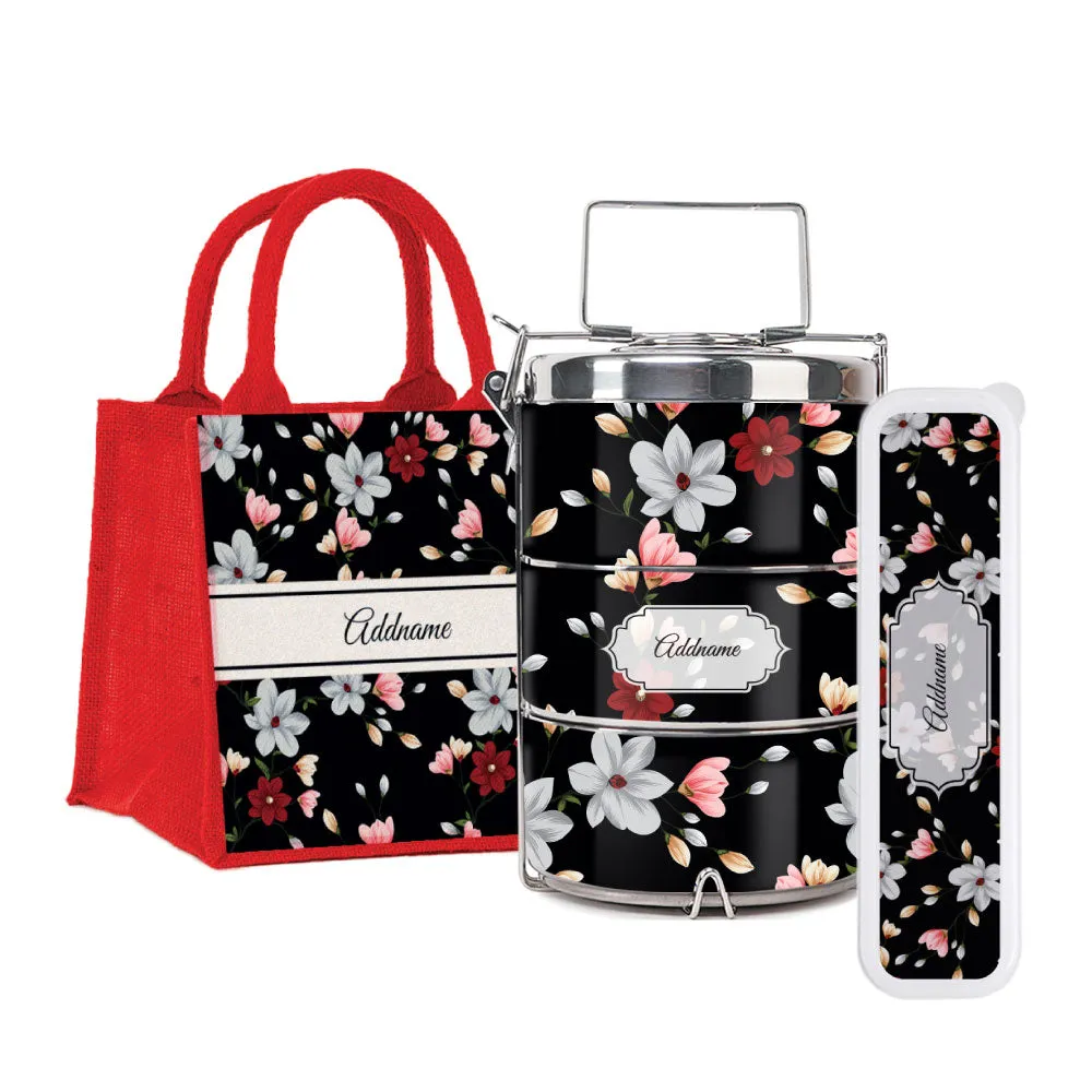 Flora Ixia Tiffin Carrier, Jute Tote Bag  & Cutlery Set [FREE Custom Add Name]