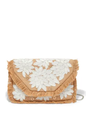 Floral-Embroidered Frayed Clutch Bag