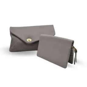 Gift Set | CENTENNIAL PARK - Womens Grey Pebbled Leather Clutch Bag & CREMORNE Leather Fold Wallet