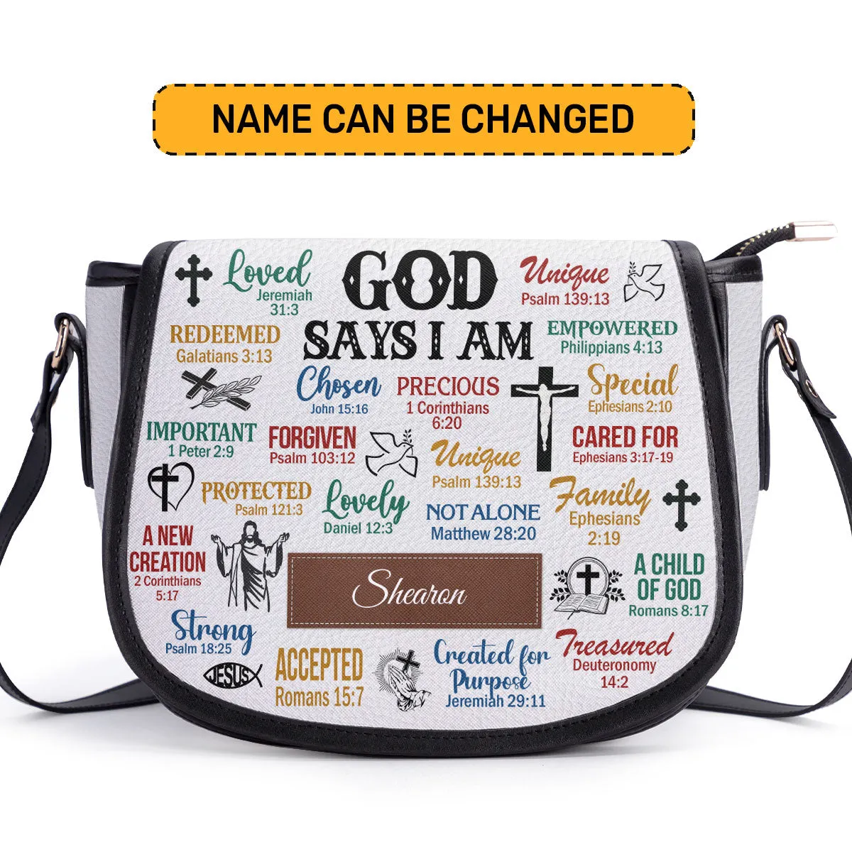 God Says I Am Personalized Leather Saddle Bag - Religious Bags For Women