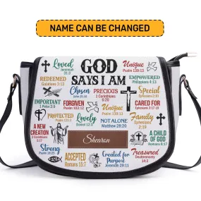 God Says I Am Personalized Leather Saddle Bag - Religious Bags For Women