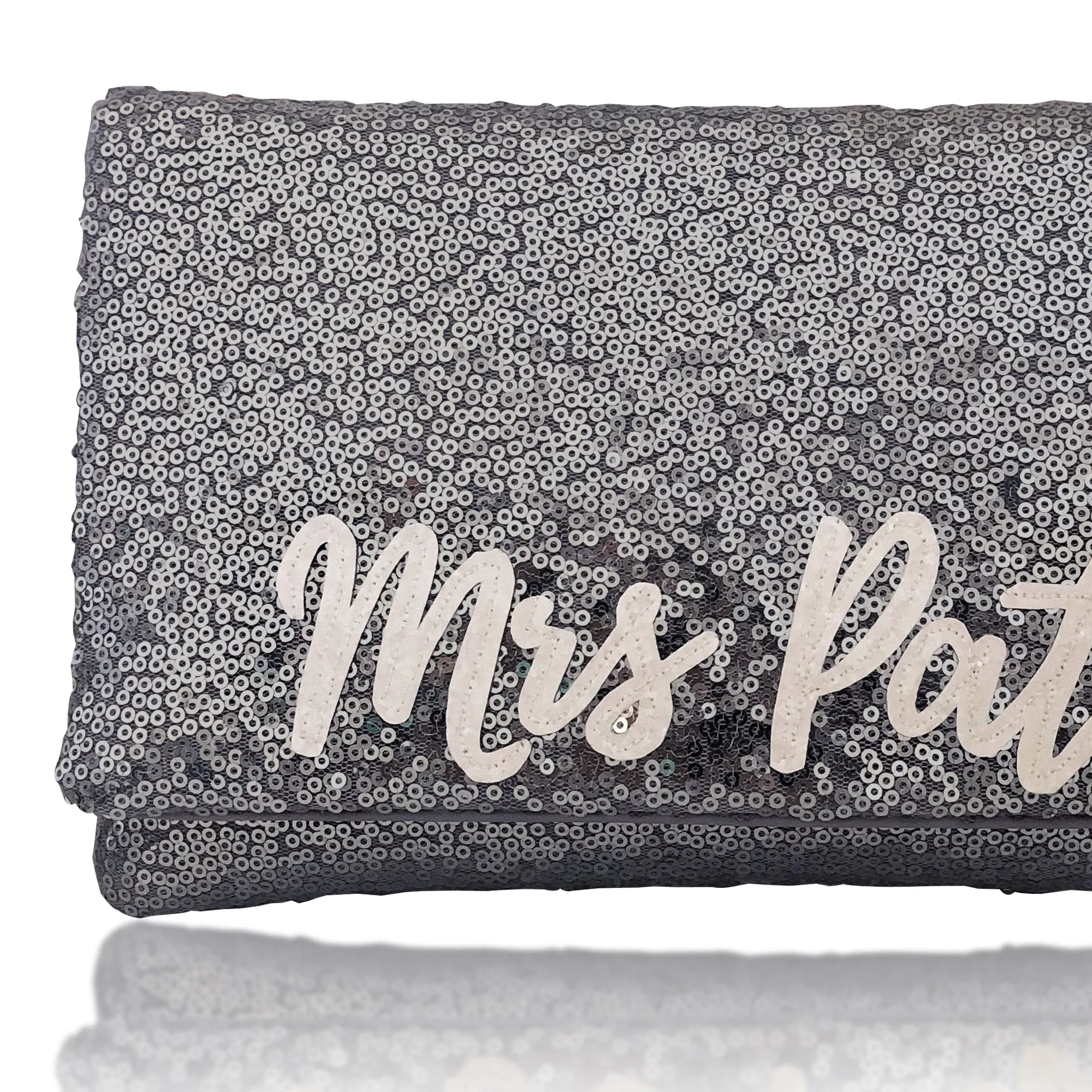 Gunmetal grey sequin personalised MRS surname clutch