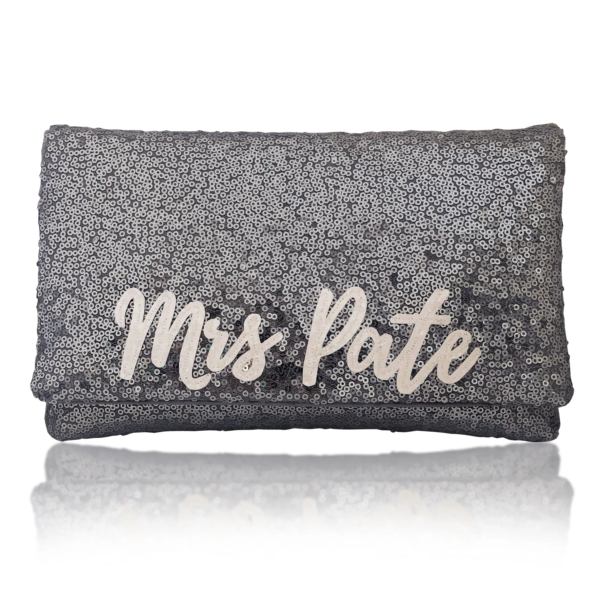 Gunmetal grey sequin personalised MRS surname clutch