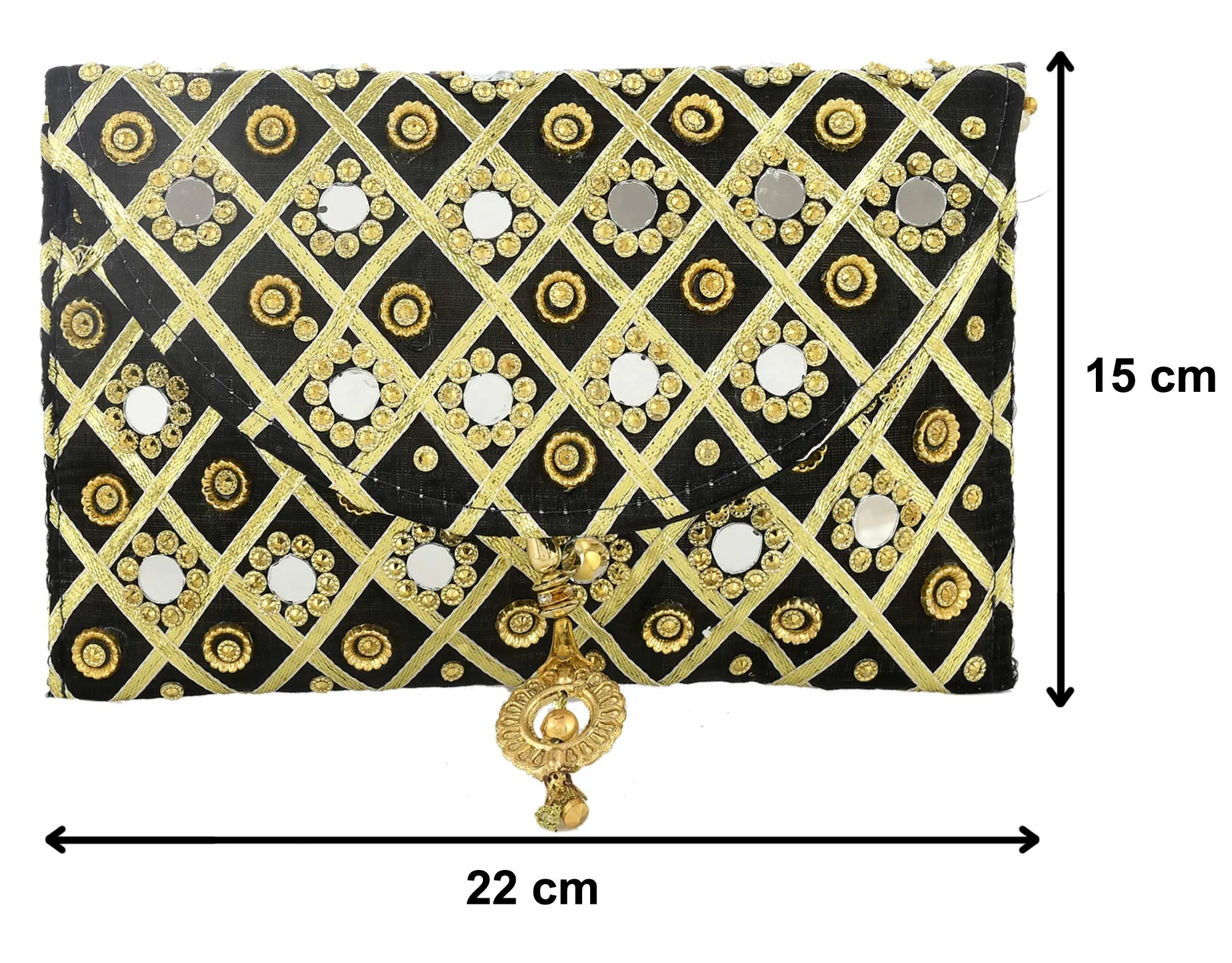 Heart Home Silk Traditional Mirror Work Envelope Clutch/Hand Purse Bag for Women/Girls (Black)-HEART11455, Standard