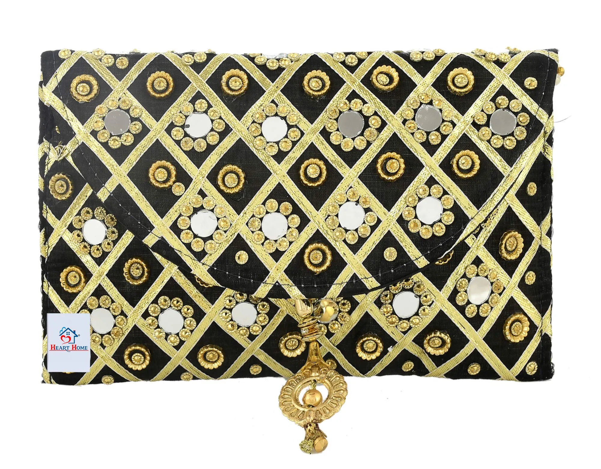 Heart Home Silk Traditional Mirror Work Envelope Clutch/Hand Purse Bag for Women/Girls (Black)-HEART11455, Standard