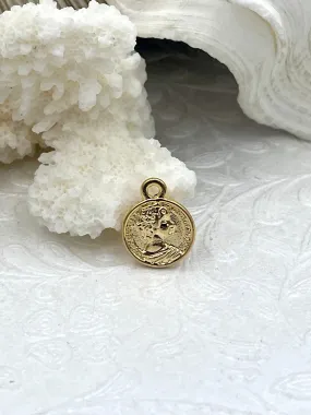 High Quality Brass Charm, Gold Coin Disc Pendant, Small Queen Charm, Embossment Brass Pendant, 12mm round, Fast Ship