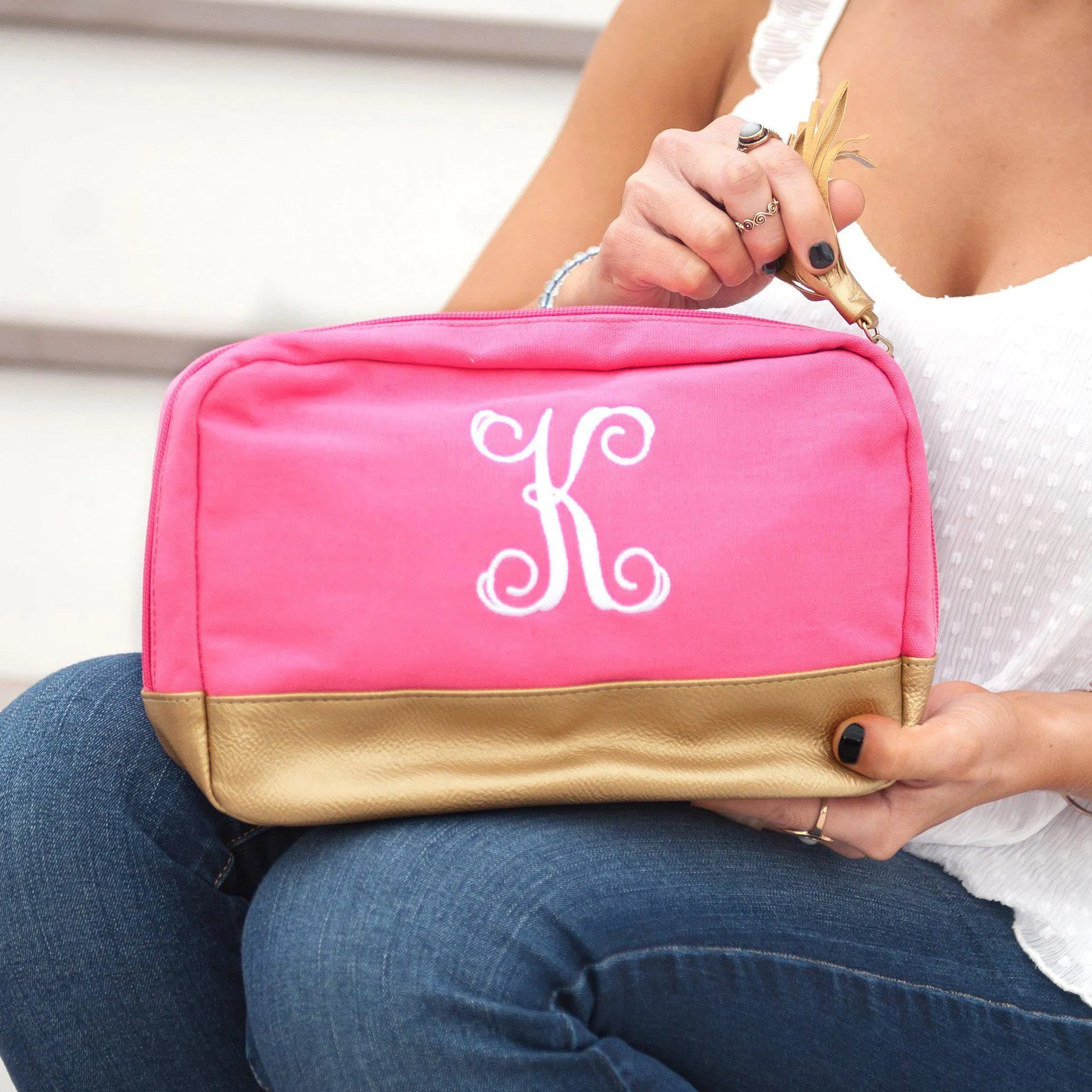 Hot Pink Cabana Cosmetic Bag - Personalized