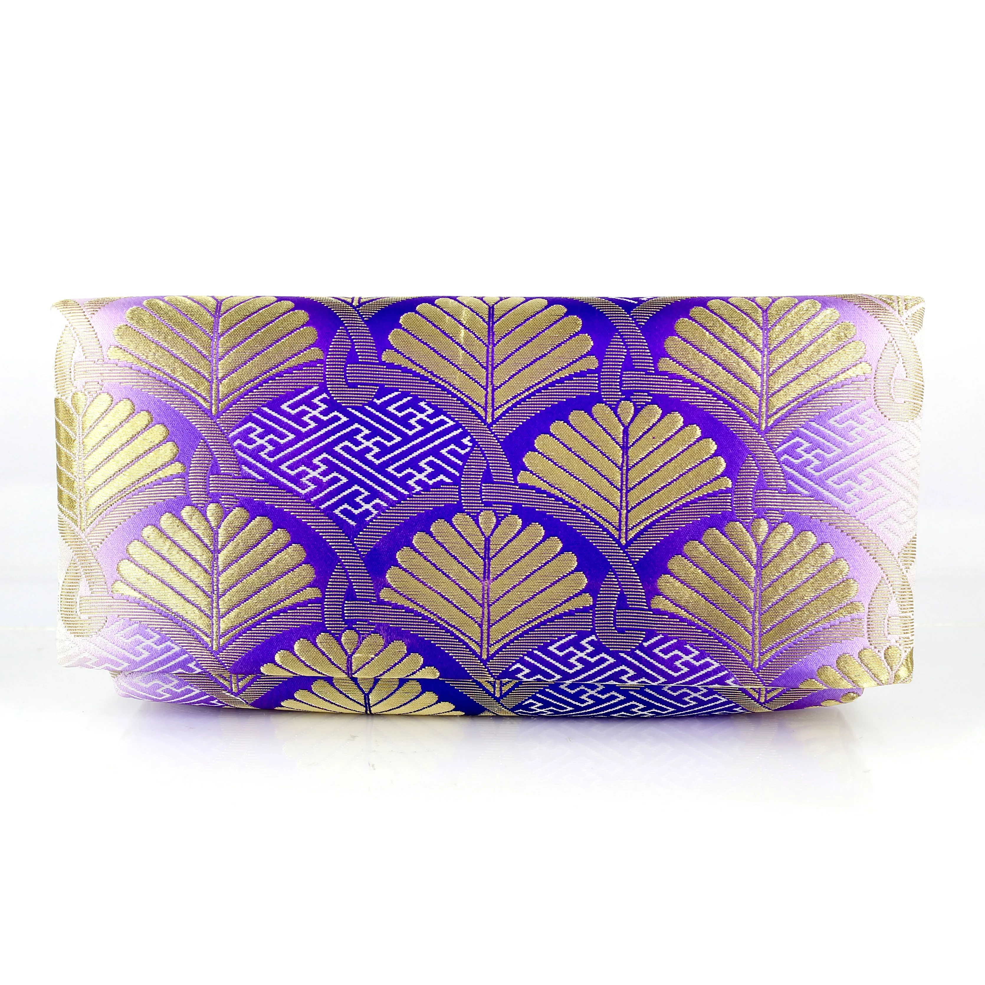 Japanese Kimono Obi Envelope Clutch Bag, Geometric Pine Symbols in Gold on Purple