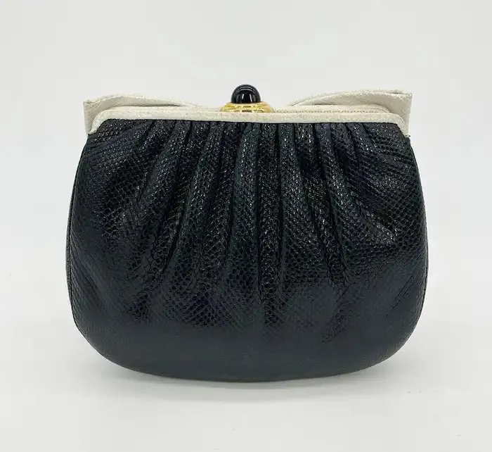 Judith Leiber Black and White Lizard Bow Front Clutch