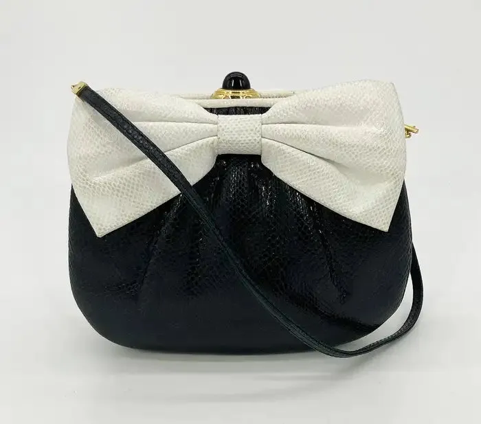 Judith Leiber Black and White Lizard Bow Front Clutch